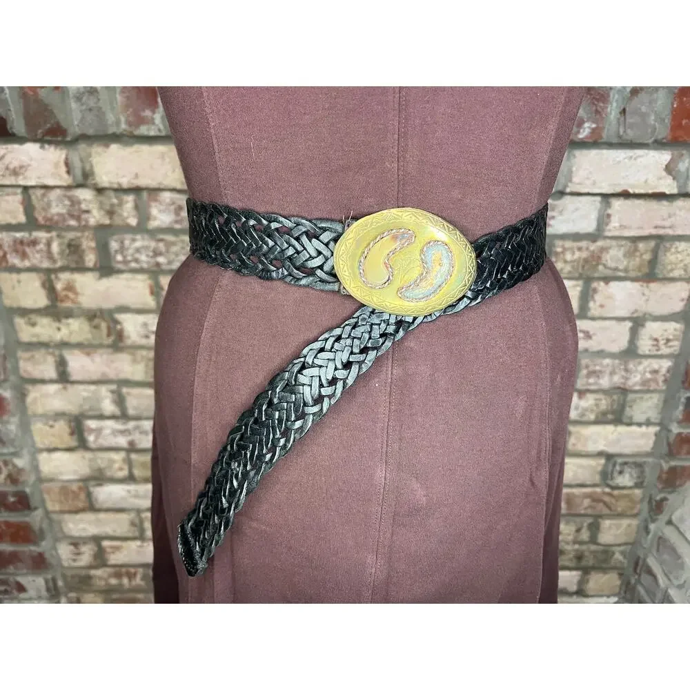 belt split leather black braided goldtone buckle stone western
